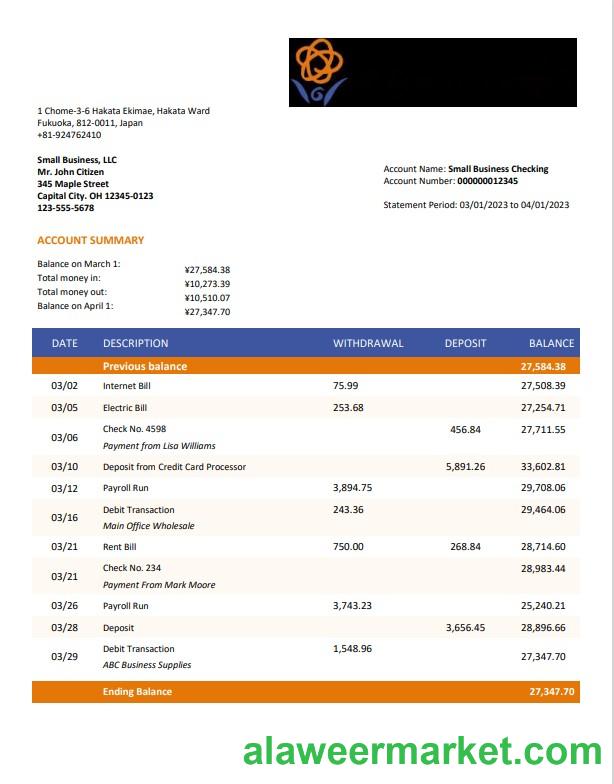 Nishi-Nippon City Bank enterprise account statement Word and PDF template